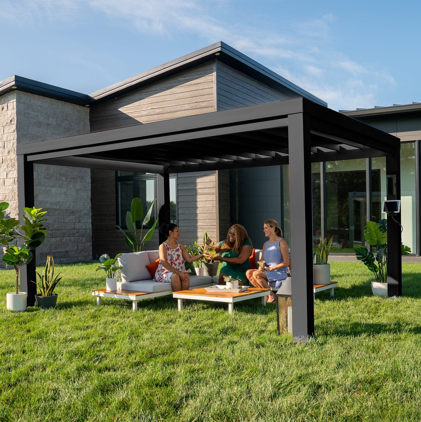 14x10 Trenton Modern Steel Pergola With Sail Shade Soft Canopy OOS