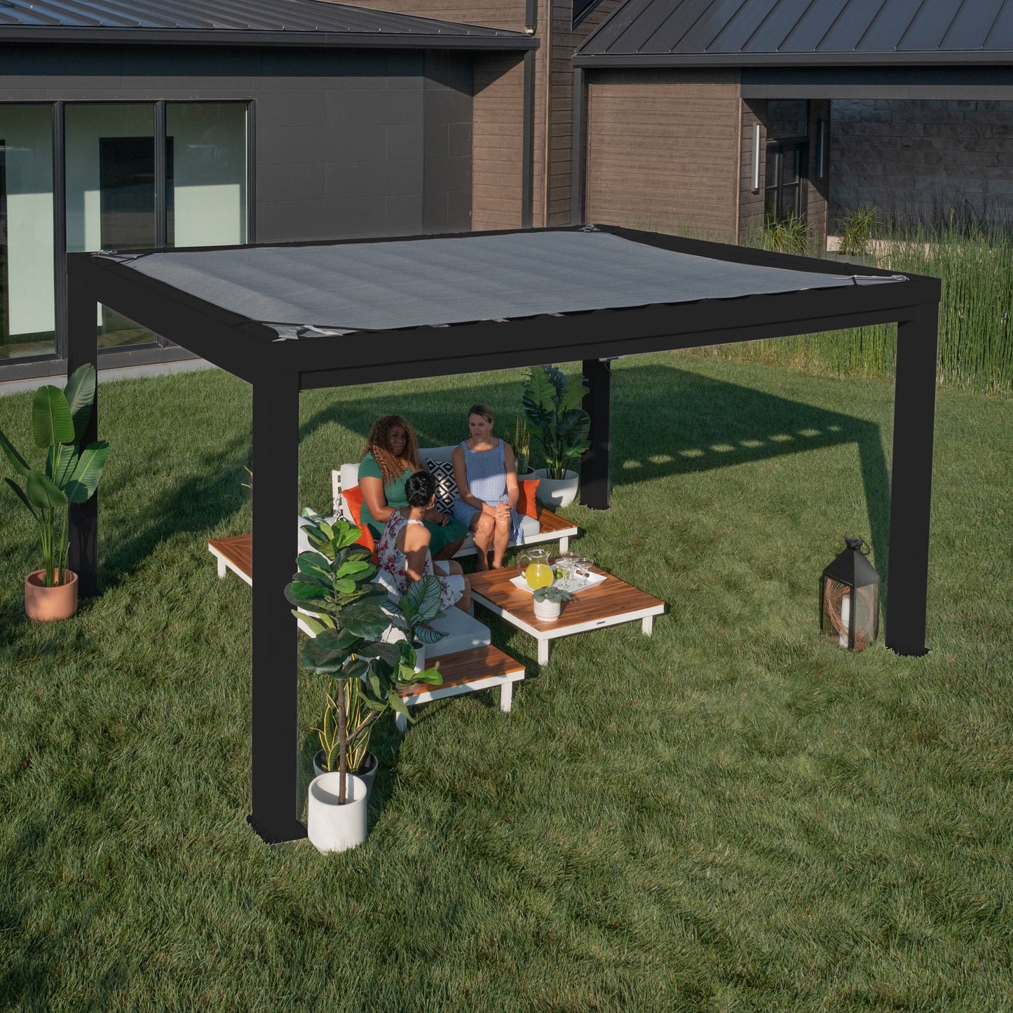 14x10 Trenton Modern Steel Pergola With Sail Shade Soft Canopy OOS