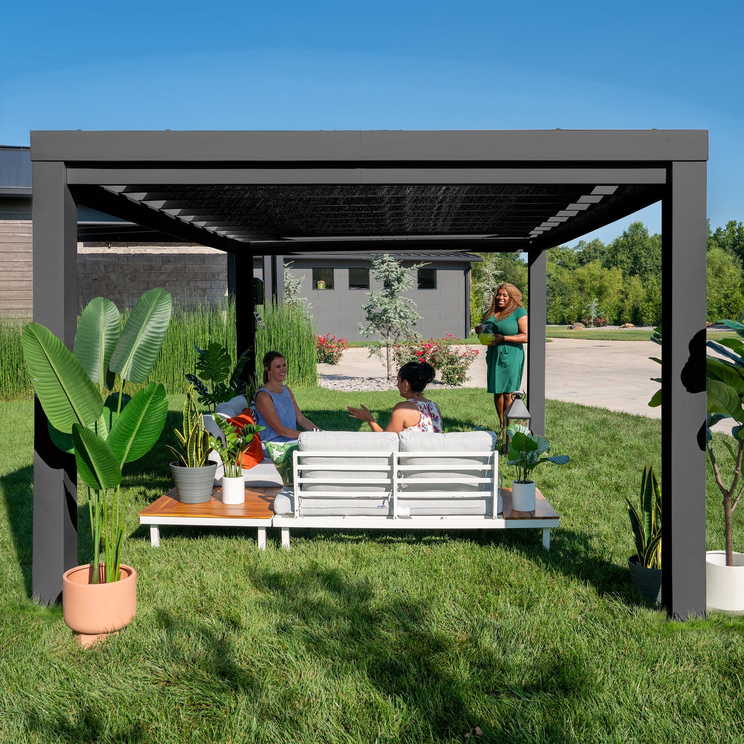 14x10 Trenton Modern Steel Pergola With Sail Shade Soft Canopy OOS